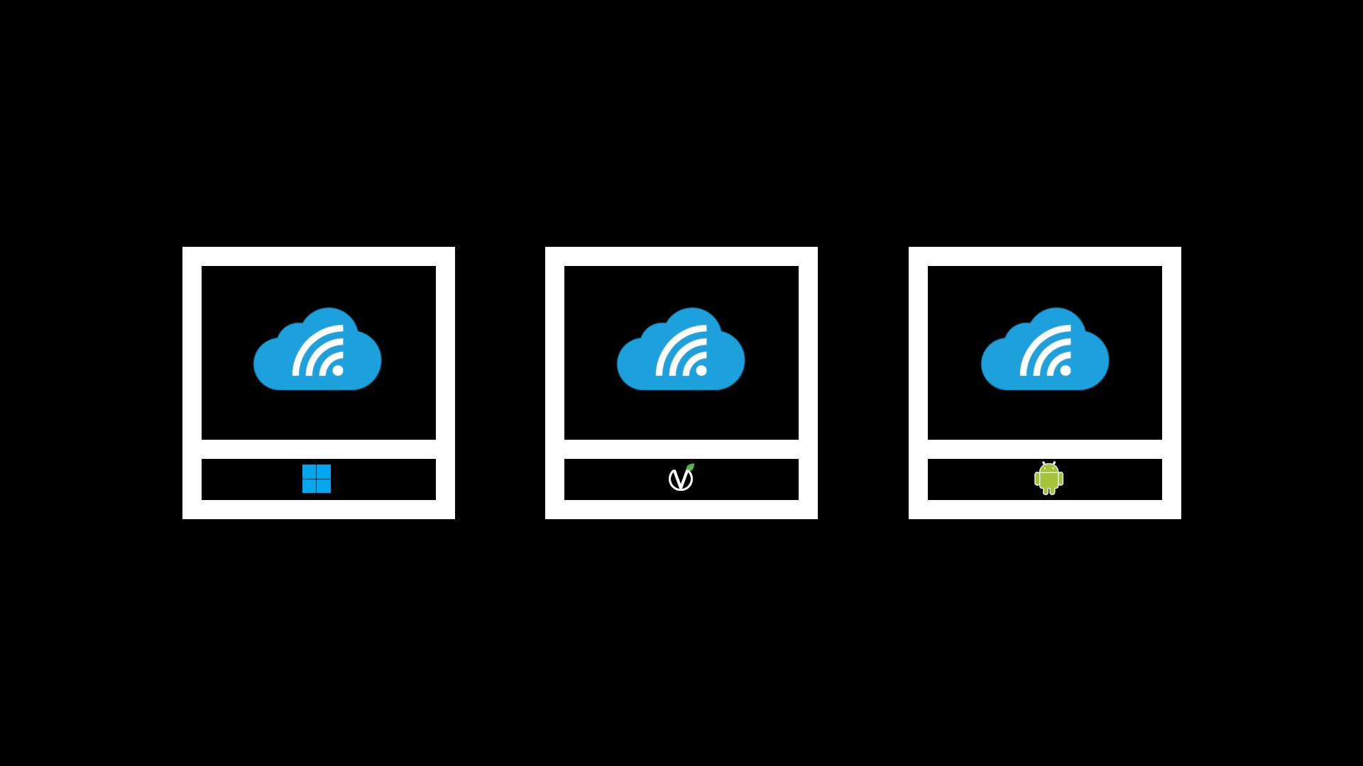 Three computers that contains WebSM on different platform: Windows, Vincent OS, Android